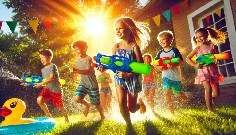 hero image featuring kids playing outdoors with electric water guns